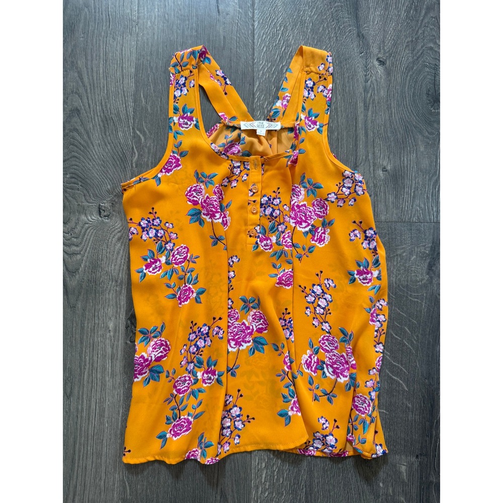 Pink Rose Floral Sleeveless Henley Tank Top Size M Mustard Yellow NWOT
